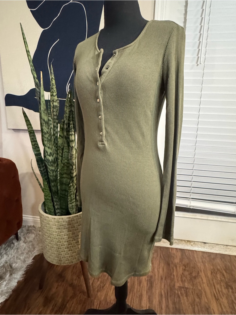 Monrow Olive Ribbed Henley Long Sleeve Dress